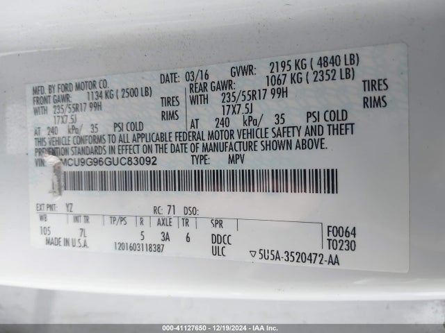 Ford ESCAPE SE 2016 1FMCU9G96GUC83092 Image 9