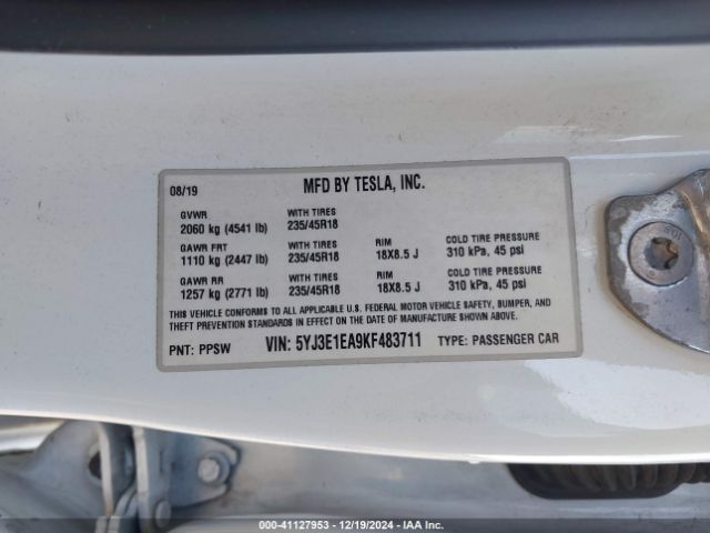5YJ3E1EA9KF483711 Tesla MODEL 3