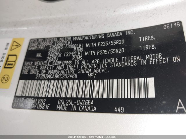 2T2BZMCA8KC202468 Lexus RX 350