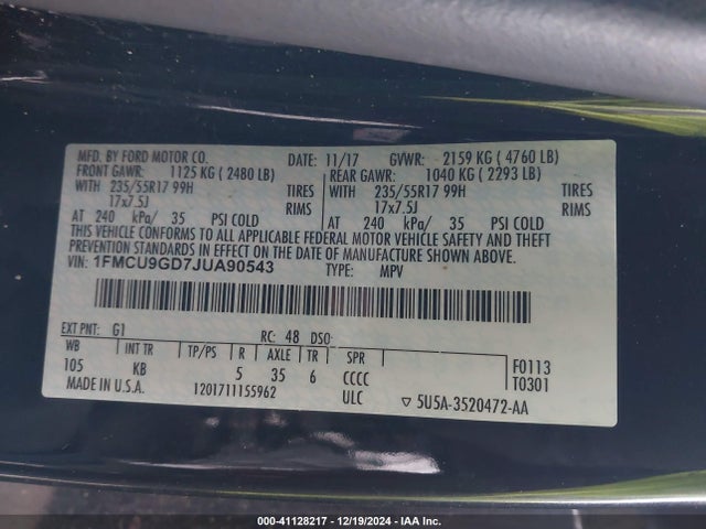1FMCU9GD7JUA90543 Ford ESCAPE SE