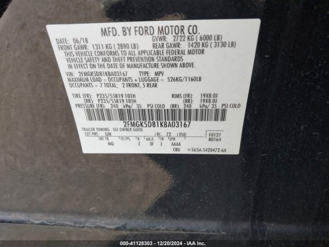 2FMGK5D81KBA03167 Ford Flex Limited