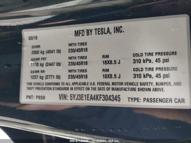 2019 TESLA MODEL 3 5YJ3E1EA4KF304345 Photo 8