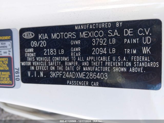 3KPF24ADXME286403 KIA Forte Lxs