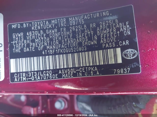 Toyota CAMRY XSE 2016 4T1BF1FK0GU520803 Image 9