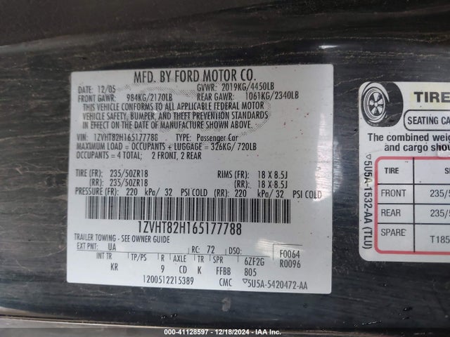 2006 Ford Mustang Gt მანქანა იყიდება აუქციონზე, vin: 1ZVHT82H165177788, აუქციონის ნომერი: 41128597