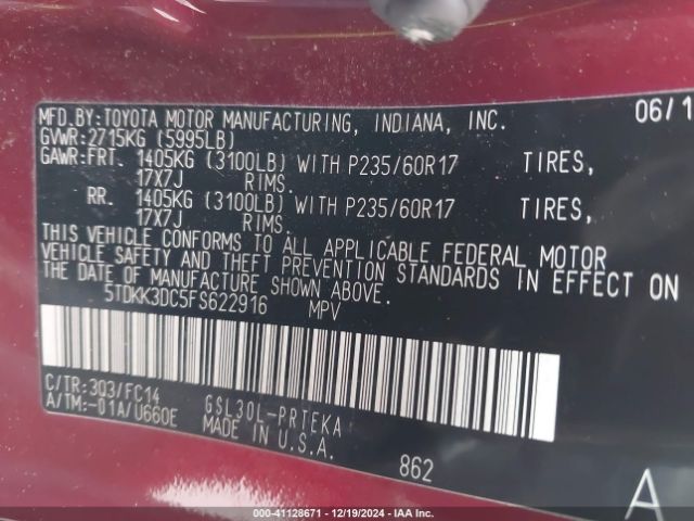 5TDKK3DC5FS622916 Toyota Sienna Le 8 Passenger