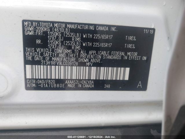 2T3H1RFV9LC039128 Toyota RAV4 LE