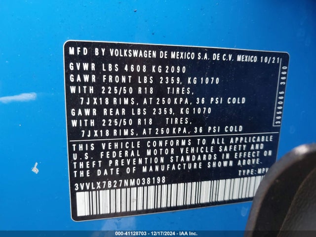 3VVLX7B27NM038198 Volkswagen Taos 1.5t Se