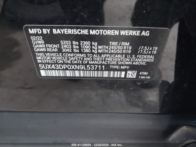 5UX43DP0XN9L53711 BMW X3 Sdrive30i