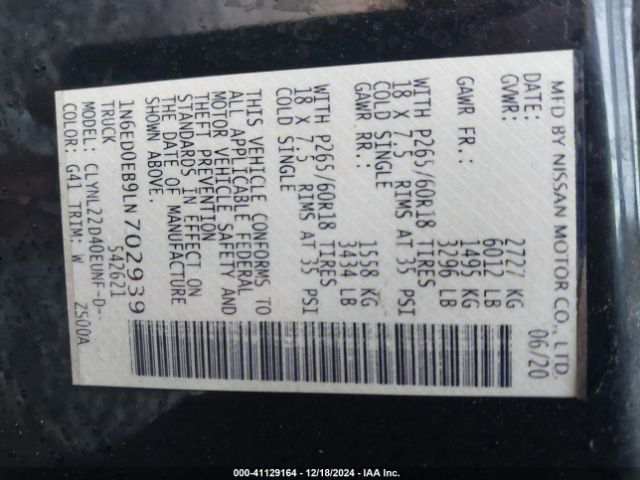 1N6ED0EB9LN702939 Nissan Frontier Sv 4x4