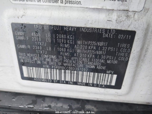 41129272 :رقم المزاد ، 4S4BRBCC0B3397092 vin ، 2011 Subaru Outback 2.5i Premium مزاد بيع