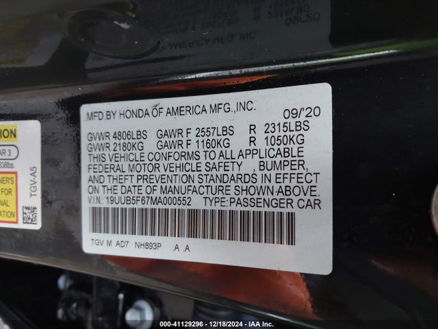2021 Acura Tlx Advance Package მანქანა იყიდება აუქციონზე, vin: 19UUB5F67MA000552, აუქციონის ნომერი: 41129296