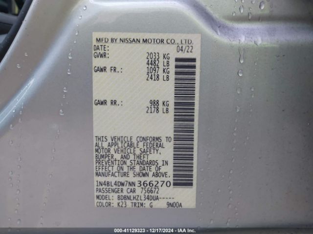 1N4BL4DW7NN366270 Nissan Altima Sv Intelligent Awd