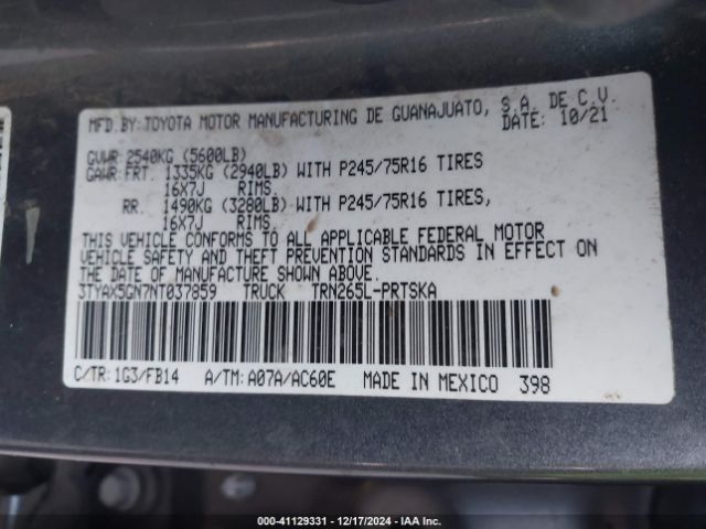 3TYAX5GN7NT037859 Toyota Tacoma Sr