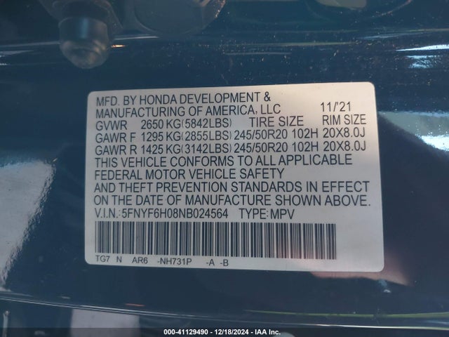 Honda Pilot Awd Elite 2022 5FNYF6H08NB024564 Image 9