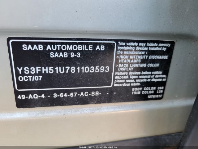 2008 SAAB 9-3 YS3FH51U781103593 Photo 8