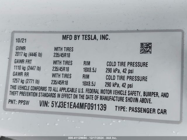 5YJ3E1EA4MF091139 Tesla Model 3 Standard Range Plus Rear-wheel Drive