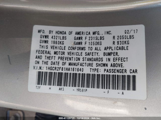 1HGCR2F81HA161640 Honda Accord Ex-l