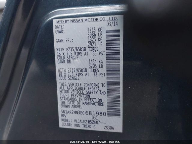 5N1AR2MN3EC681980 Nissan Pathfinder Sv