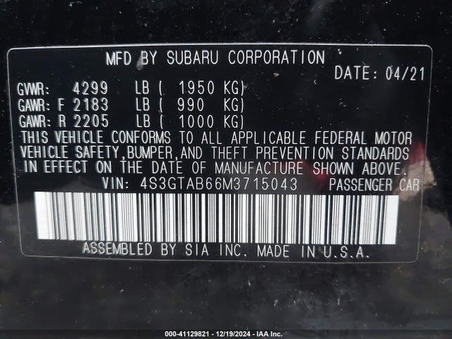 Subaru Impreza 5-door 2021 4S3GTAB66M3715043 Image 9