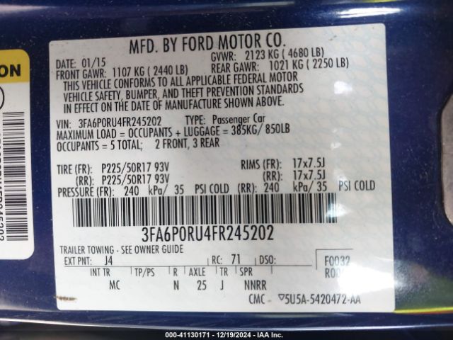 3FA6P0RU4FR245202 Ford Fusion Hybrid Titanium