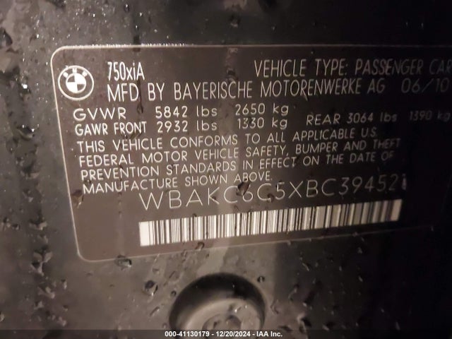 41130179 :رقم المزاد ، WBAKC6C5XBC394521 vin ، 2011 Bmw 750i Xdrive مزاد بيع