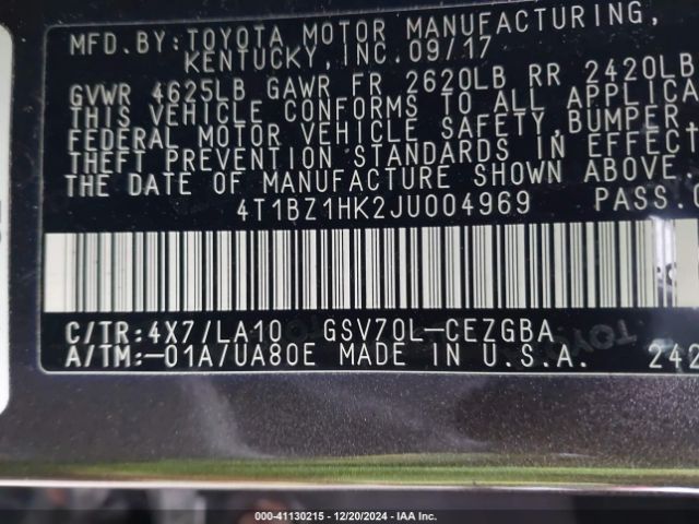 4T1BZ1HK2JU004969 Toyota Camry Xle V6