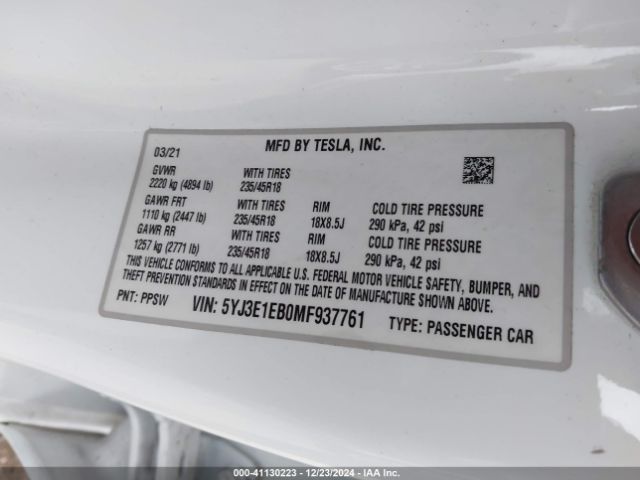 5YJ3E1EB0MF937761 Tesla Model 3 Long Range Dual Motor All-wheel Drive