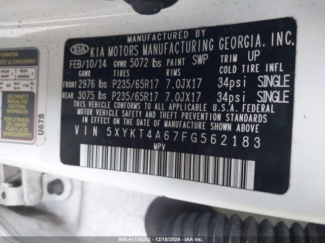 5XYKT4A67FG562183 KIA SORENTO LX
