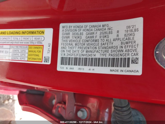 Honda Civic Lx 2022 2HGFE2F22NH524514 Image 9