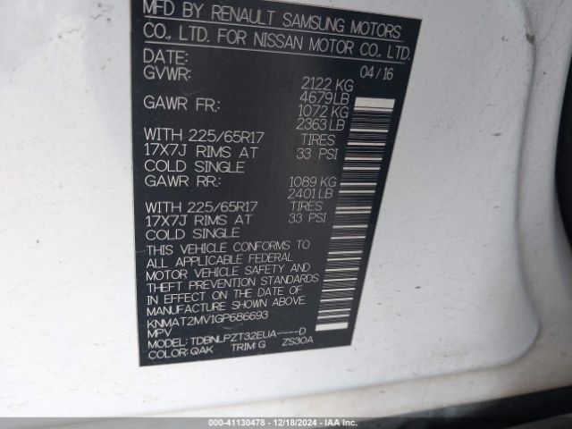 KNMAT2MV1GP686693 Nissan Rogue S/sl/sv