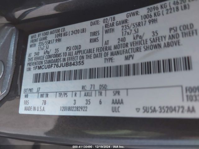 1FMCU0F76JUB84355 Ford ESCAPE S