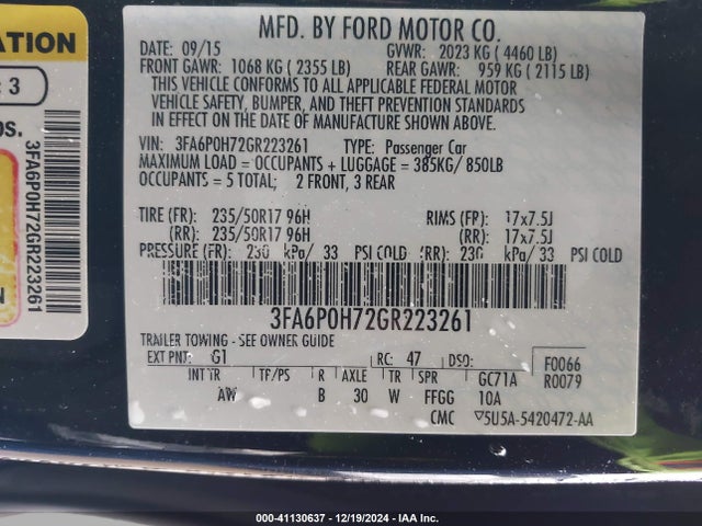 Ford FUSION SE 2016 3FA6P0H72GR223261 Image 9