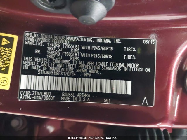 Toyota Highlander Xle V6 2015 5TDJKRFH8FS178714 Image 9