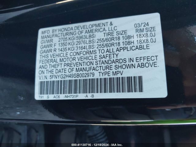 5FNYG2H49SB002979 Honda Pilot Ex-l