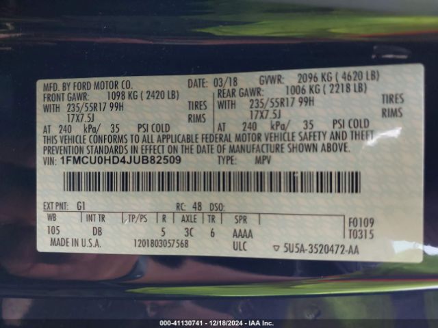 1FMCU0HD4JUB82509 Ford ESCAPE SEL