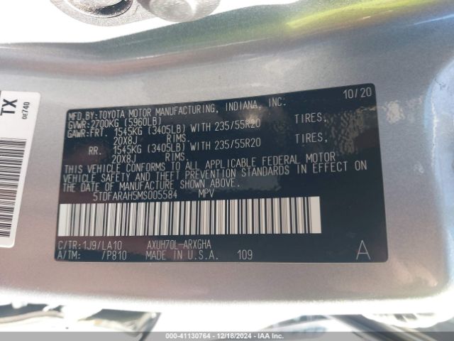 5TDFARAH5MS005584 Toyota Highlander Hybrid Platinum