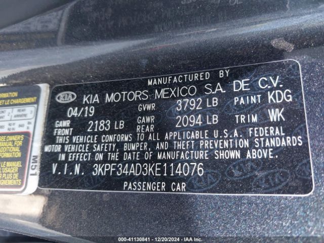 3KPF34AD3KE114076 KIA FORTE S