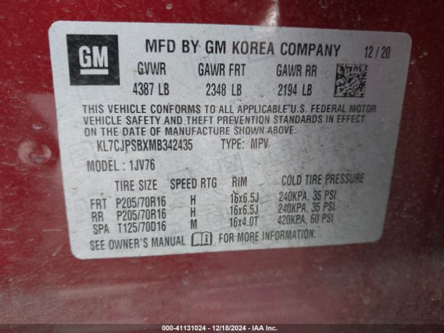 KL7CJPSBXMB342435 Chevrolet Trax Awd Lt