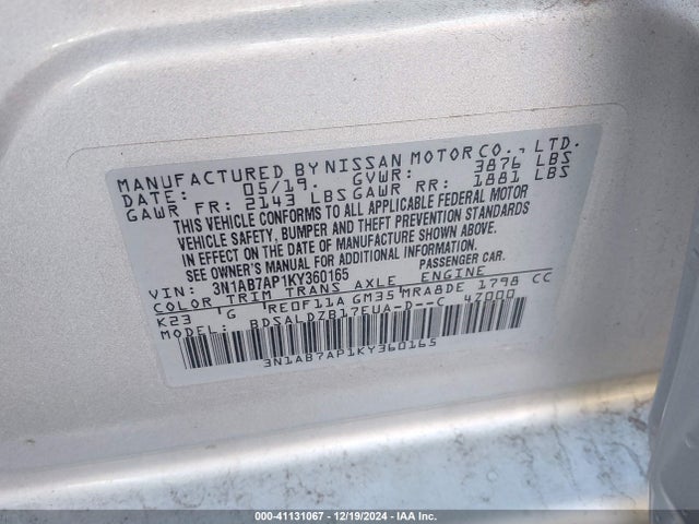 Nissan SENTRA SV 2019 3N1AB7AP1KY360165 Image 9