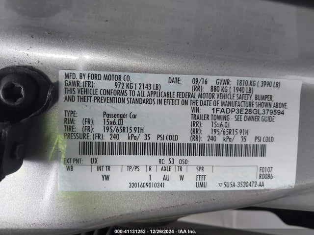 Ford FOCUS S 2016 1FADP3E28GL379594 Image 9
