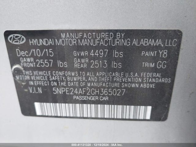 5NPE24AF2GH365027 Hyundai SONATA SE