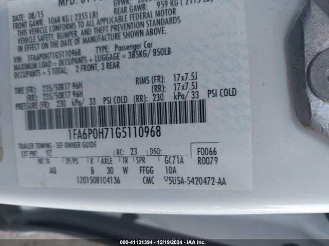 Ford FUSION SE 2016 1FA6P0H71G5110968 Image 8