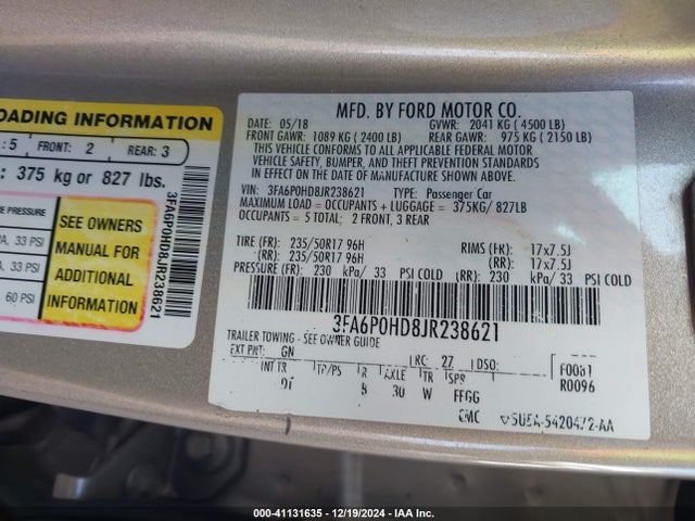 Ford FUSION SE 2018 3FA6P0HD8JR238621 Image 9