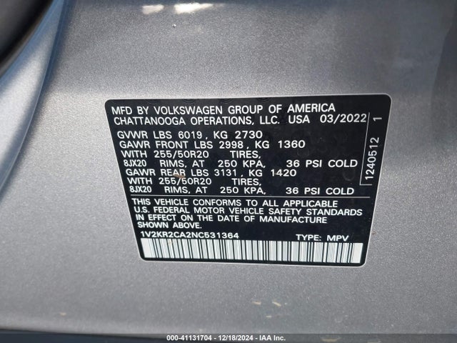 1V2KR2CA2NC531364 Volkswagen Atlas 3.6l V6 Se W/technology