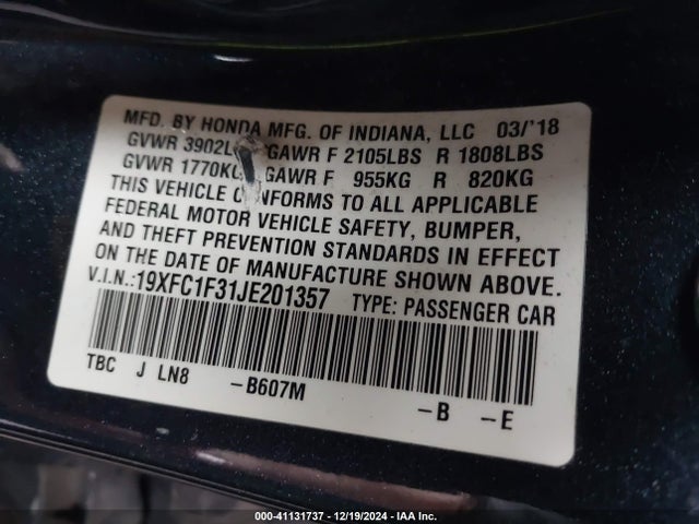 Honda Civic Ex-t 2018 19XFC1F31JE201357 Image 9