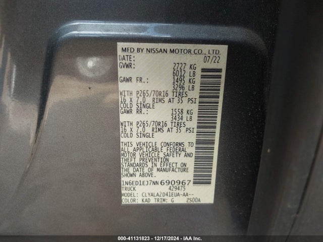 Nissan Frontier 2022 1N6ED1EJ7NN690967 Image 9