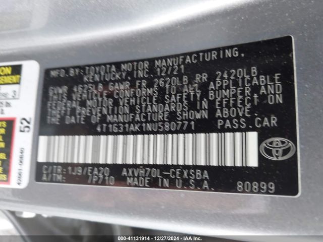 4T1G31AK1NU580771 Toyota Camry Se Hybrid