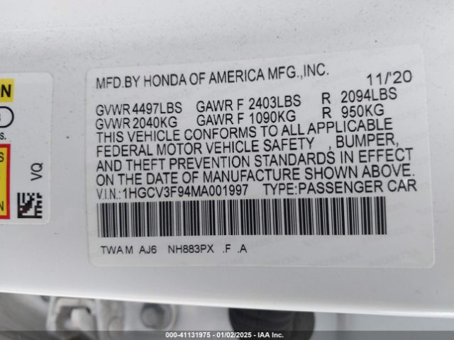 1HGCV3F94MA001997 Honda Accord Hybrid Touring