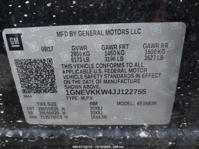 1GNEVKKW4JJ122755 Chevrolet Traverse High Country